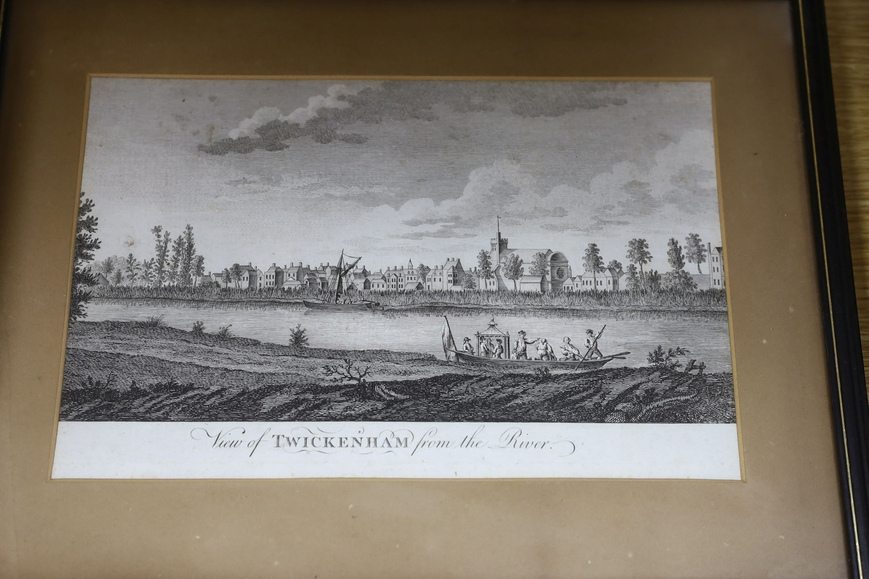 18th century English School, five engravings, Views of Hampton Court, Richmond, Isleworth and Twickenham from the river, and an additional view from Richmond Hill, largest 18 x 27cm